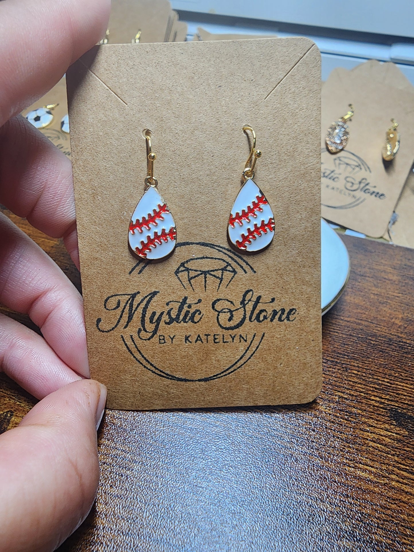 Gold Plated Enamel Baseball Drop Charm Style Earrings