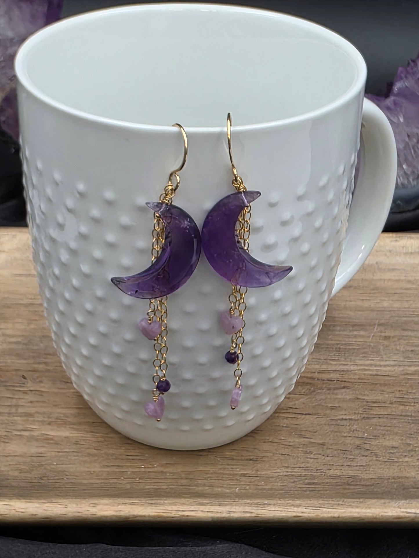 14k Gold-Filled Amethyst Moon Earrings with Lepidolite Hearts custom order for Becca