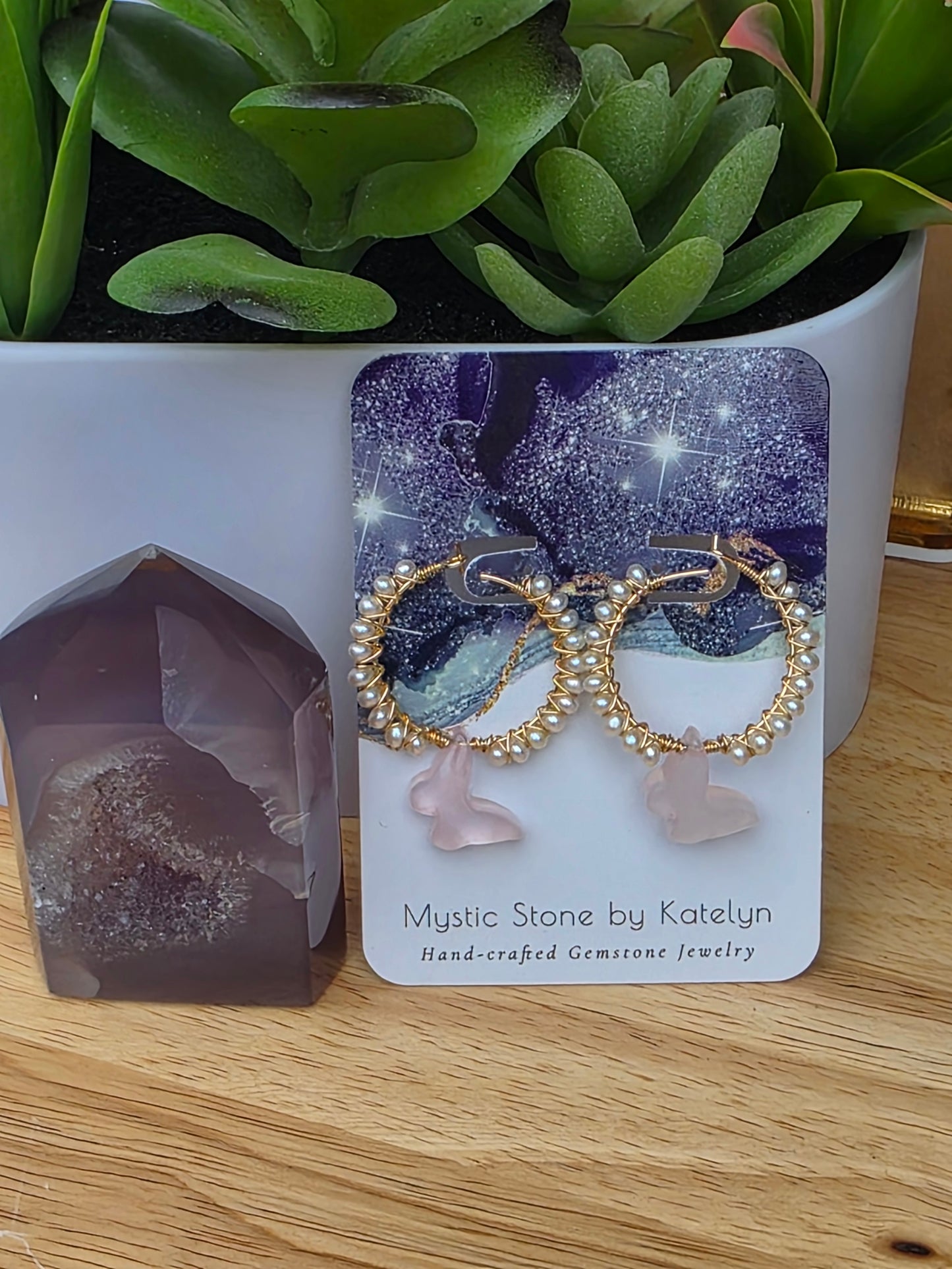 14k Gold-Filled Rose Quartz Butterfly & Freshwater pearl hoops earrings