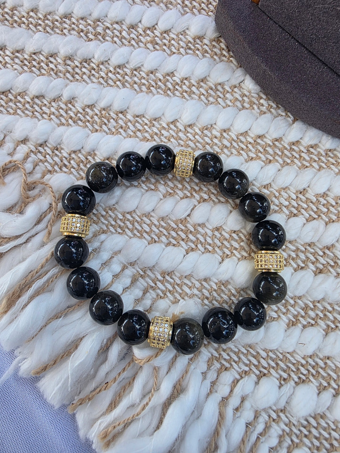Gold Sheen Obsidian Gemstone Bracelet with Gold Plated CZ accents