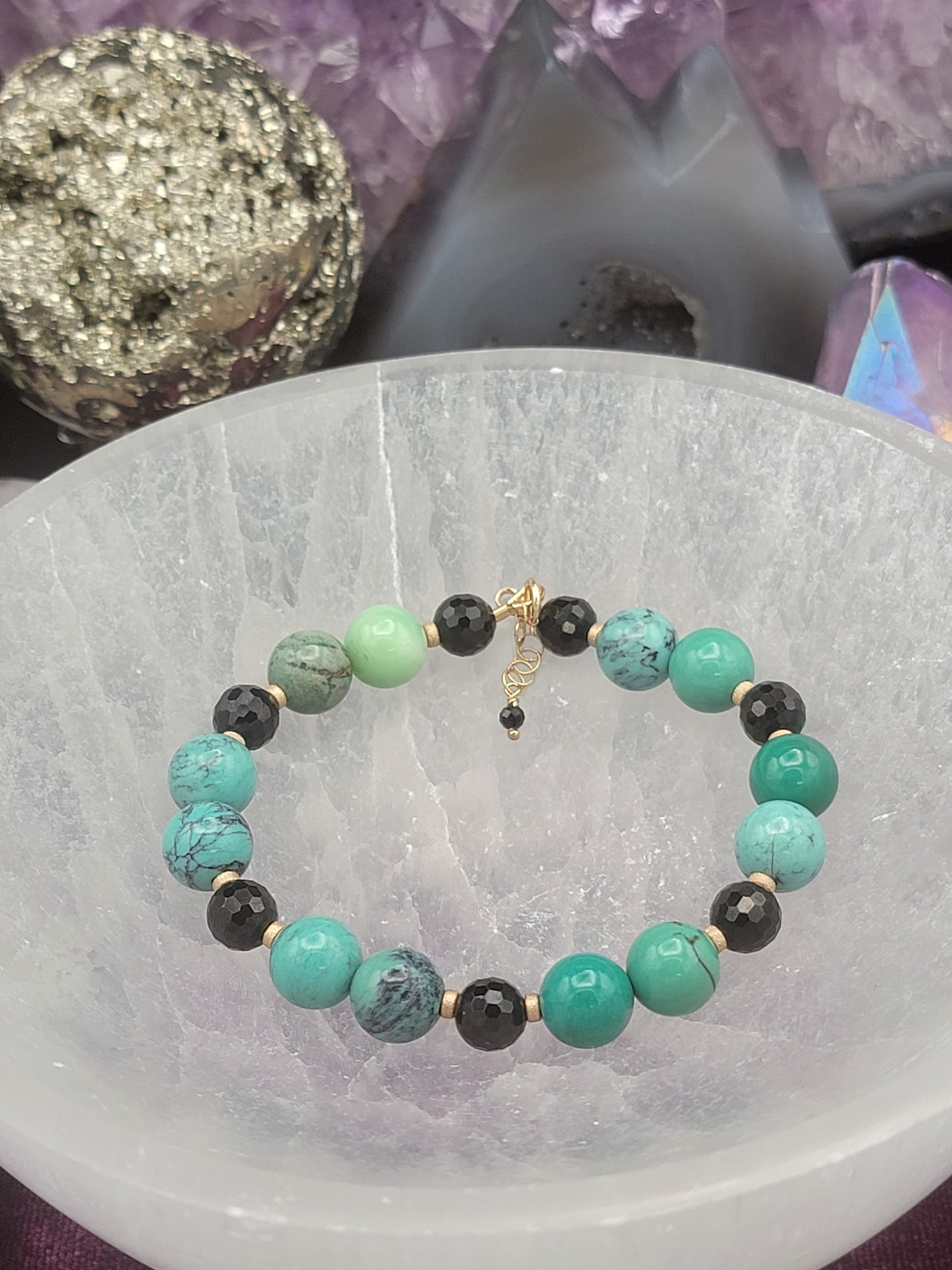 Green Peruvian Opal, Black Spinel & 14k gold filled bracelet