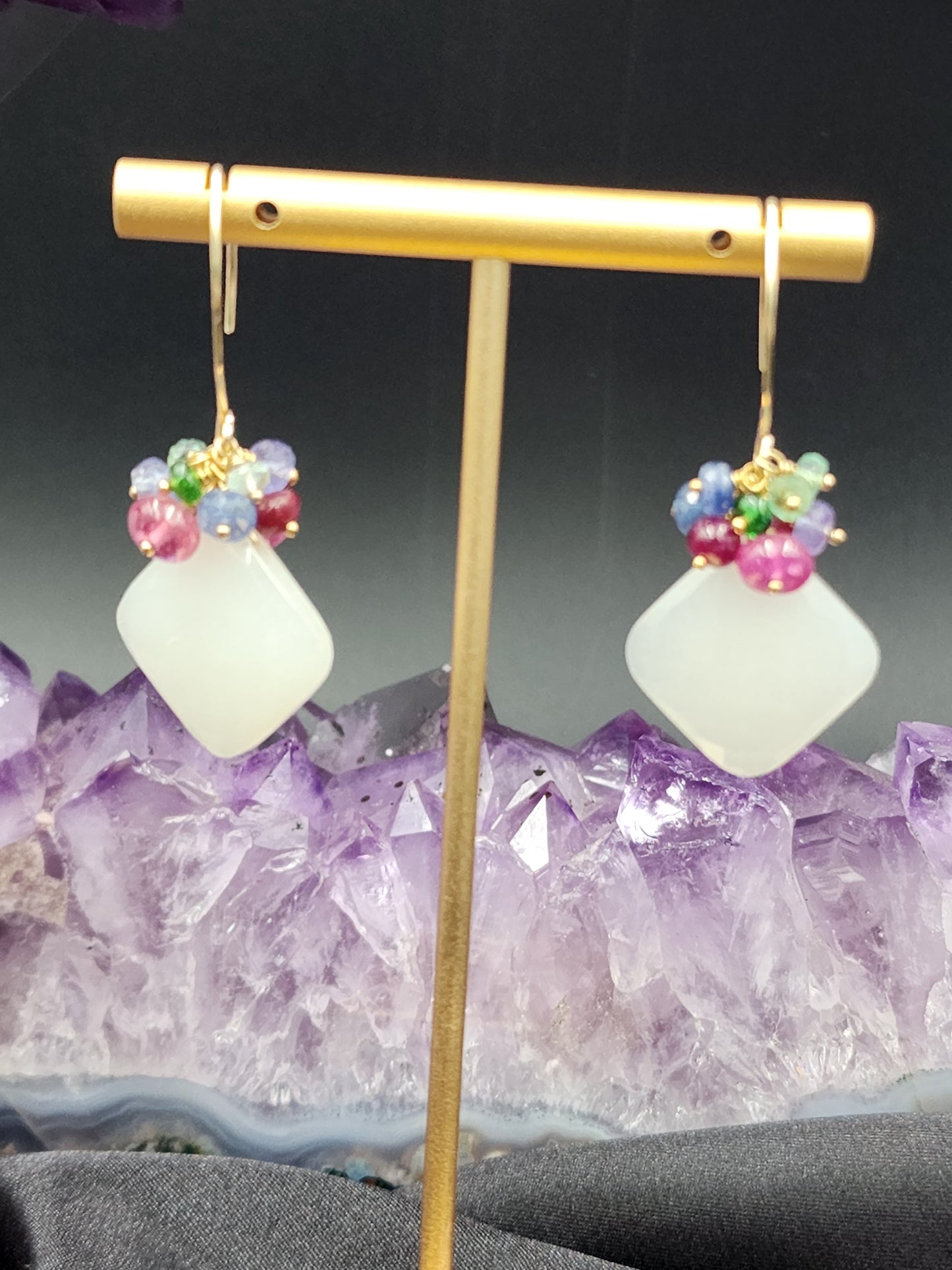 14k Gold-Filled White Moonstone, sapphire and tsavorite Garnet earrings