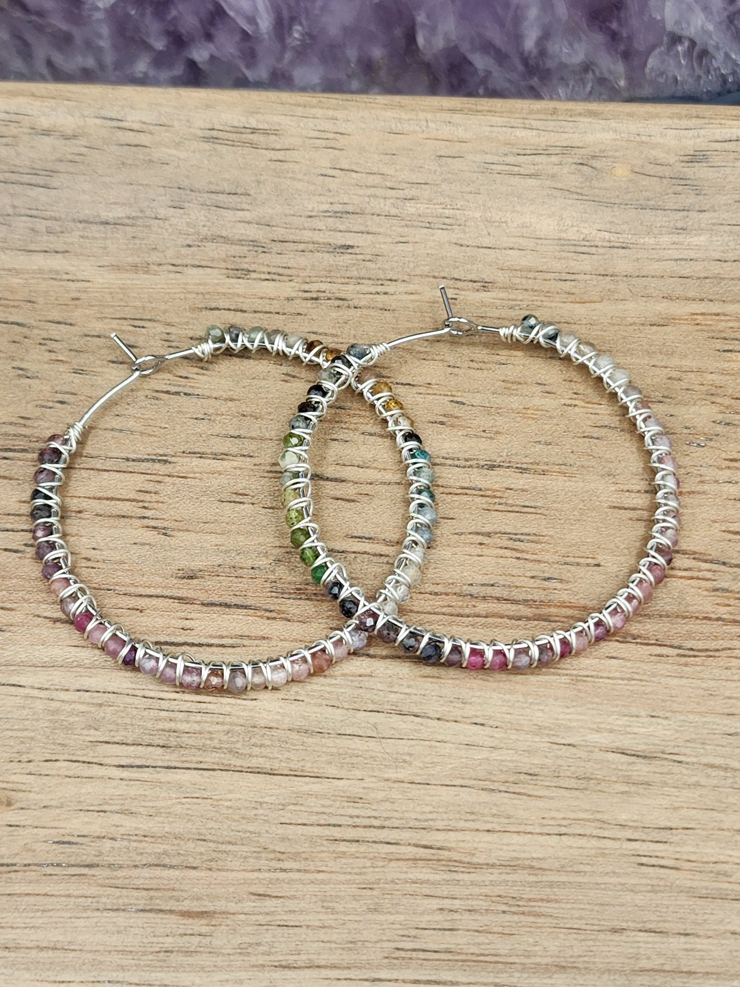White Gold Filled & Sterling Silver Watermelon Tourmaline Gemstone Hoops 50 mm hoops