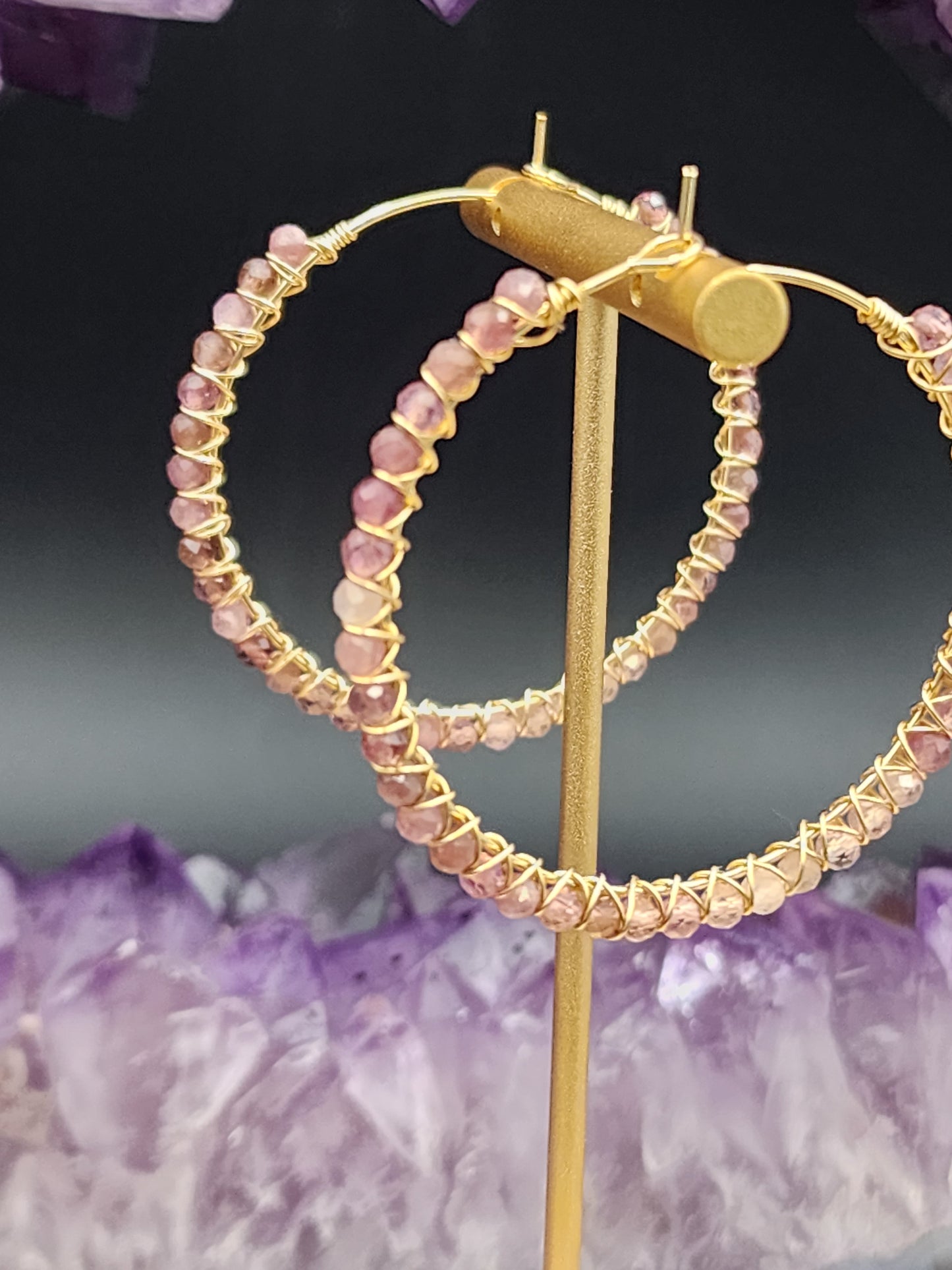 14k Gold Filled Pink Tourmaline Gemstone Hoop Earrings. 4 hoop sizes