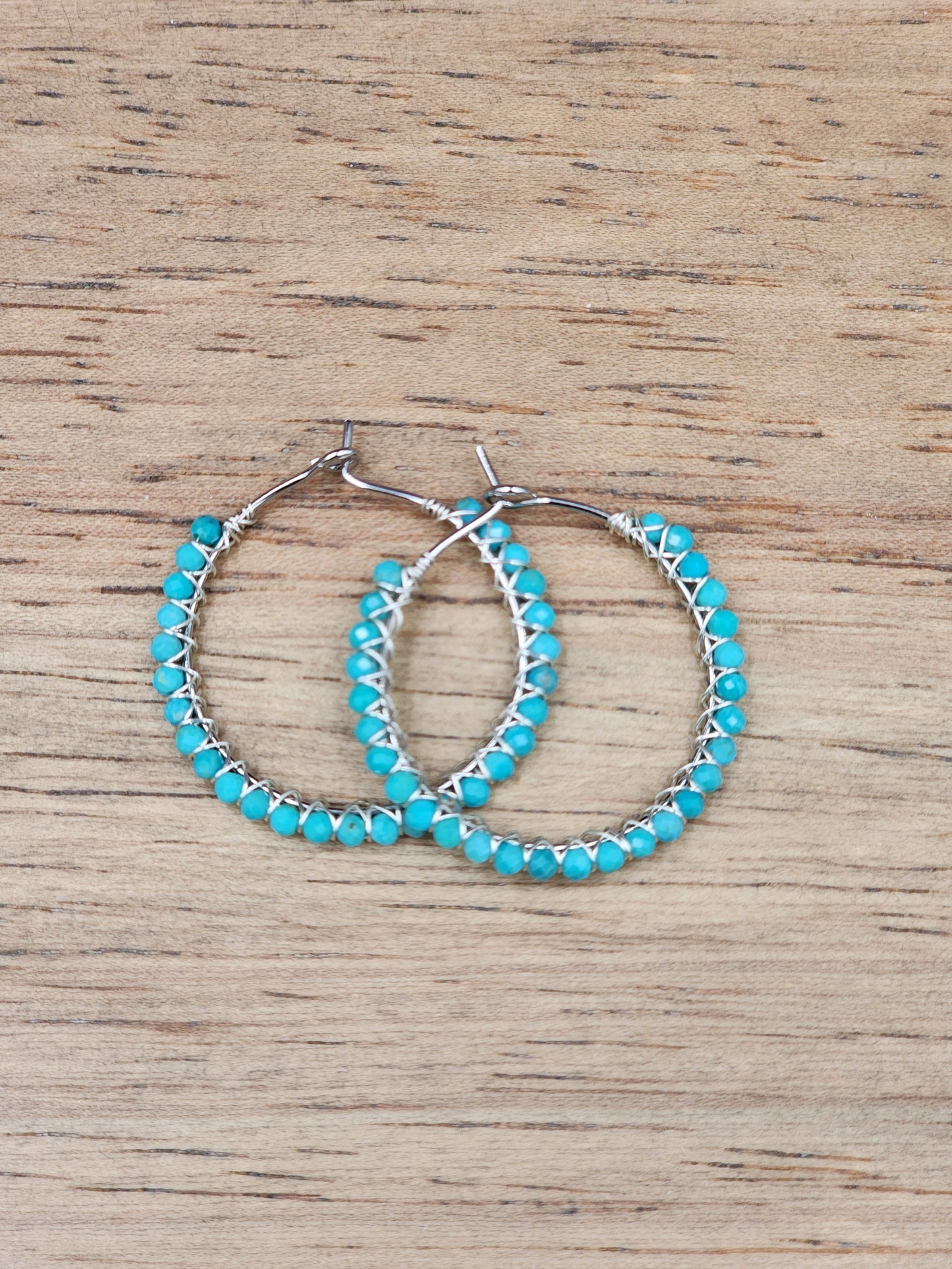 30 mm Sleeping Beauty Turquoise Gemstone Hoop Earrings on 14k White or Yellow Gold Filled Hoop Earwires