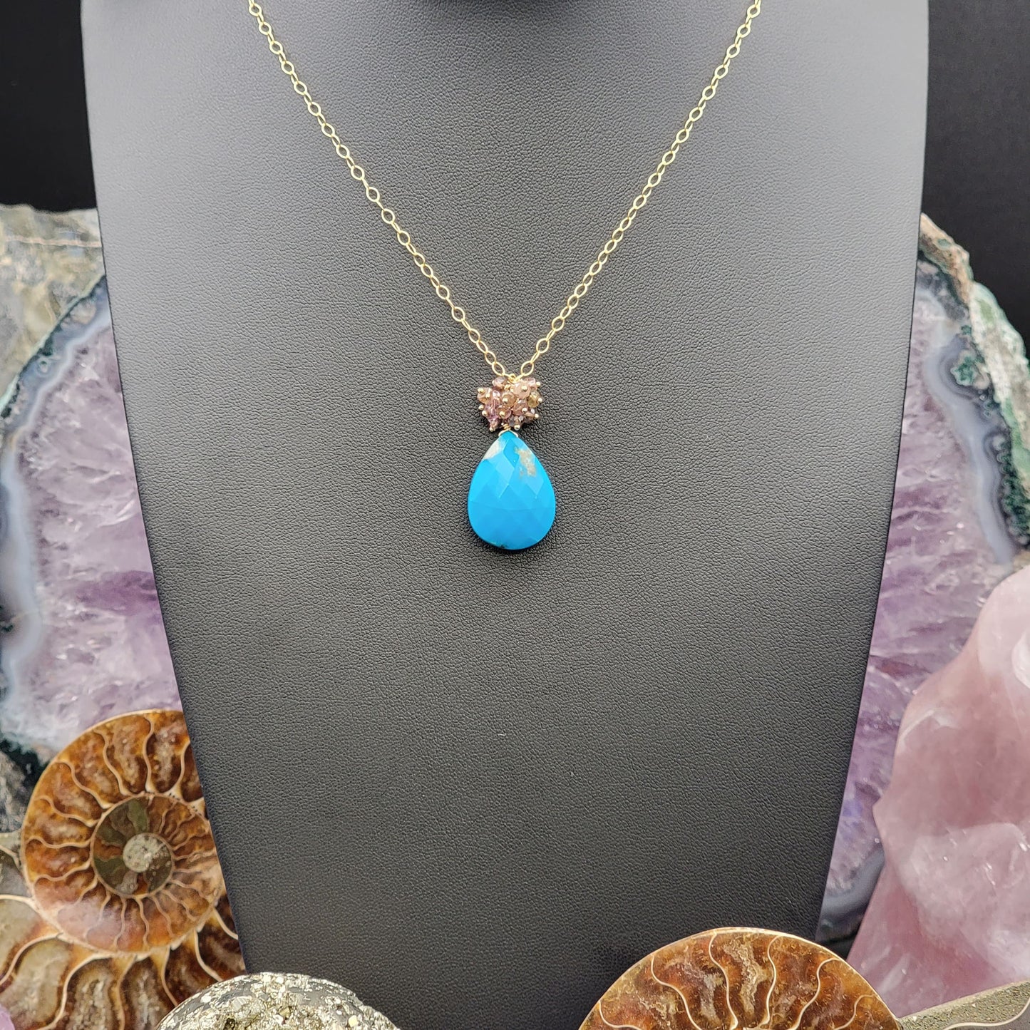 Sleeping Beauty Turquoise, "Tundra Sapphire" Garnet and 14k gold-fill or sterling silver necklace