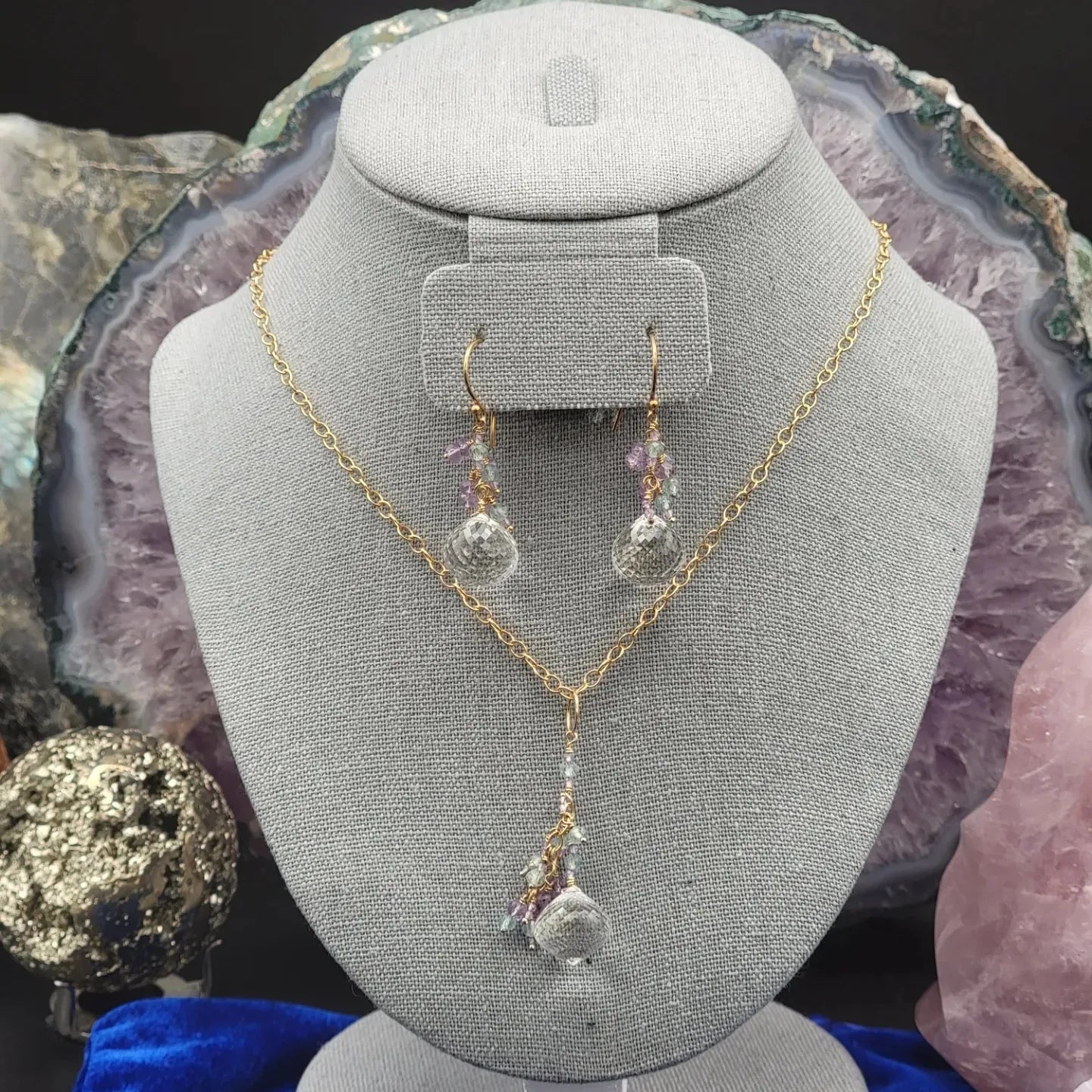 14k Gold-Filled Clear quartz, Lavender Amethyst and Apatite Earrings