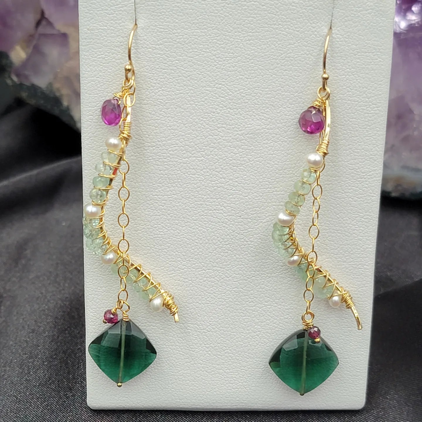 14k gold-filled Columbian Emerald, Freshwater Pearl, Rhodonite Garnet & Emerald Green Hydro Quartz Gemstone Earrings