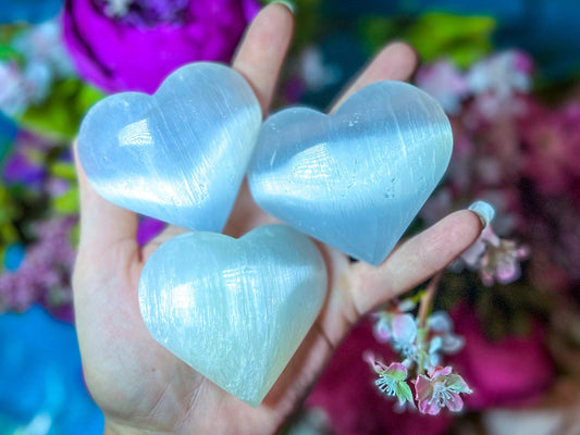 Sweet Satin Spar Hearts, Selenite Crystal Hearts