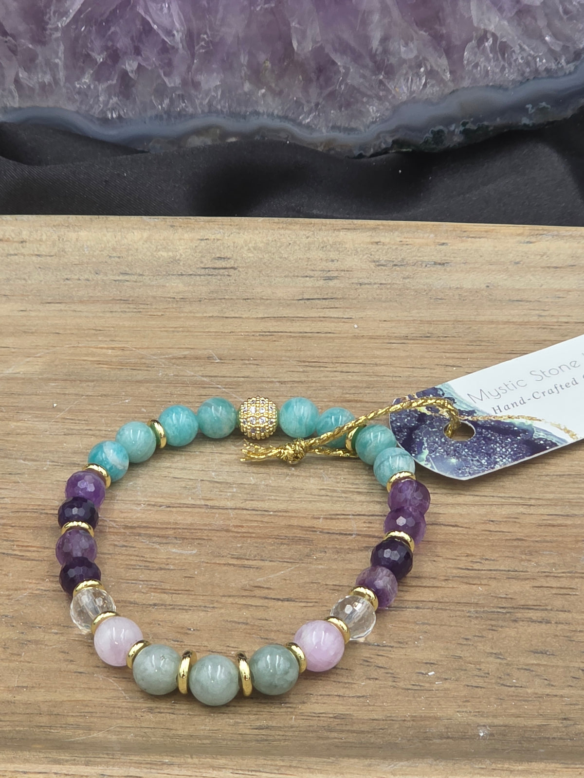 Burma Jade, Kunzite, Crystal Quartz,  Amethyst & Amazonite Gemstone Bracelet
