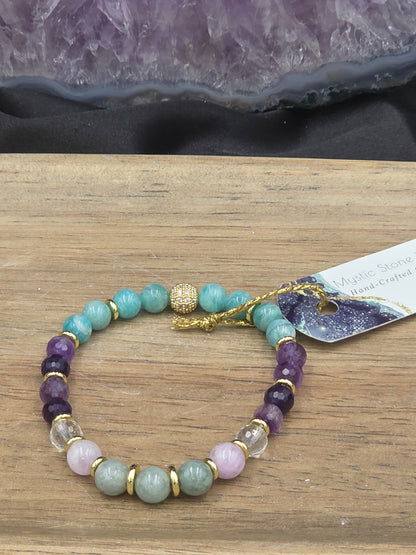 Burma Jade, Kunzite, Crystal Quartz,  Amethyst & Amazonite Gemstone Bracelet