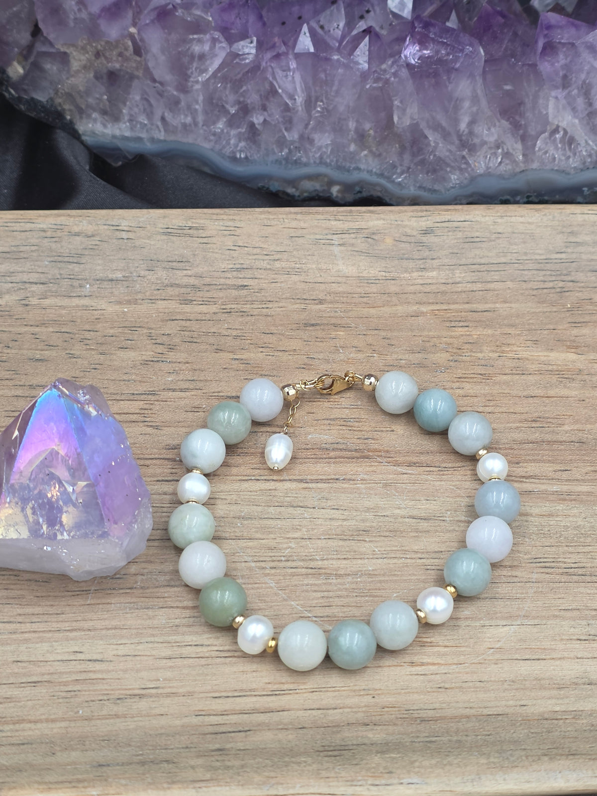 14k Gold-Filled Burma Jade and Freshwater Pearl Gemstone Bracelet