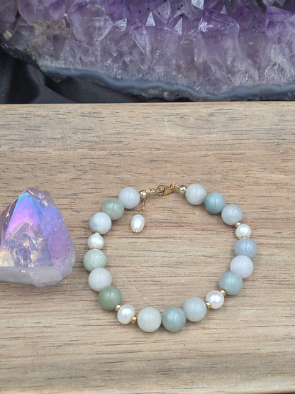 14k Gold-Filled Burma Jade and Freshwater Pearl Gemstone Bracelet