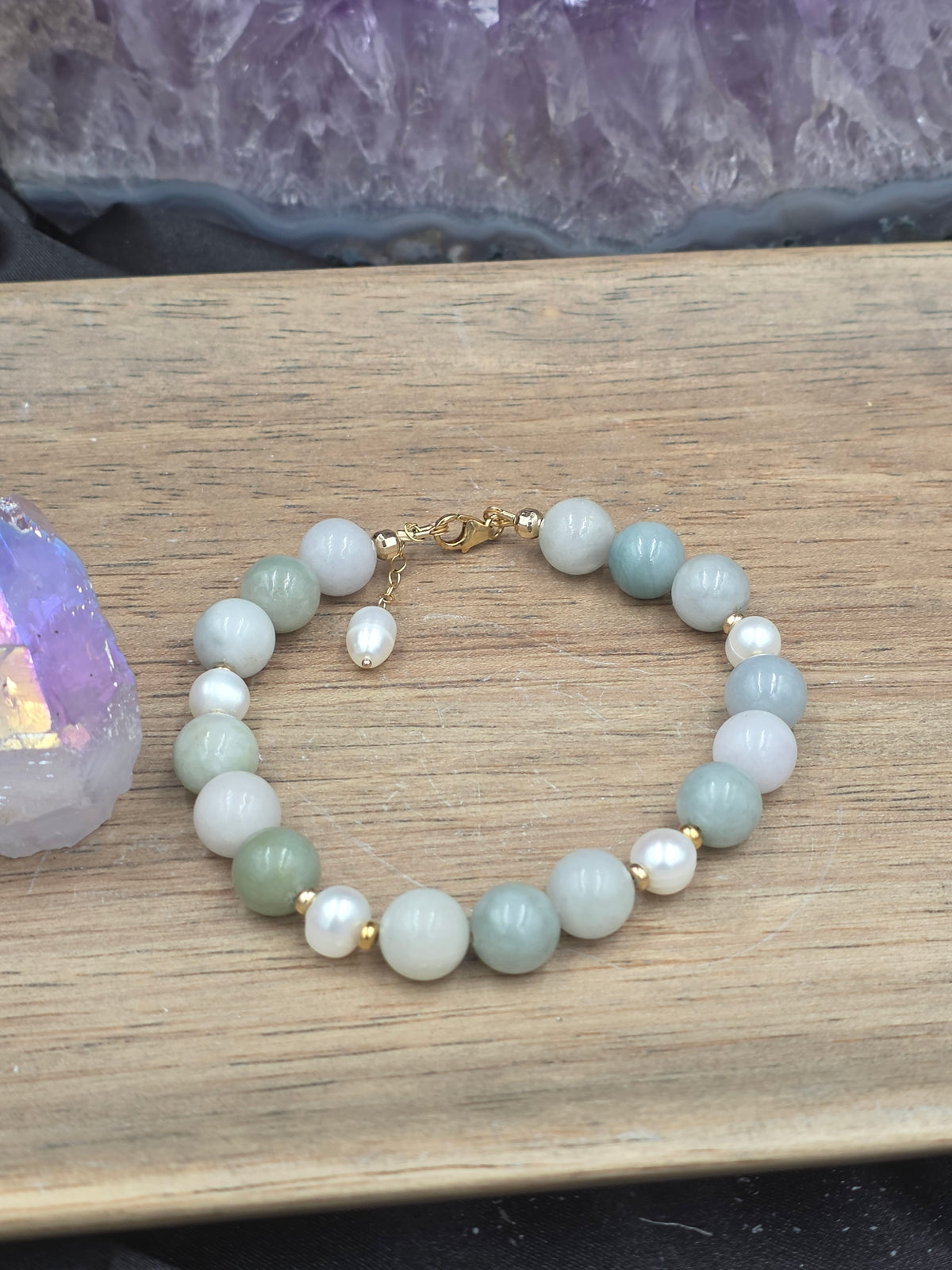 14k Gold-Filled Burma Jade and Freshwater Pearl Gemstone Bracelet