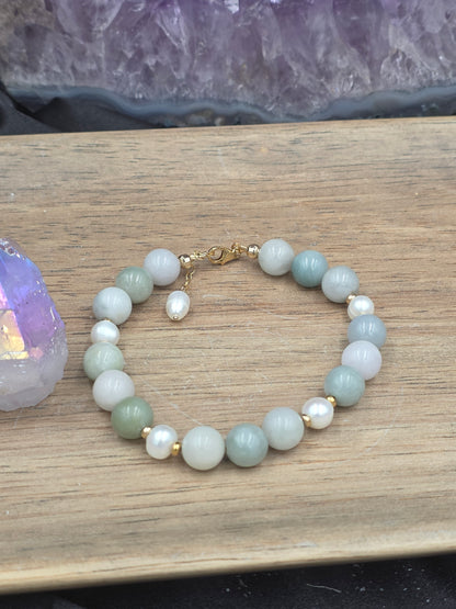 14k Gold-Filled Burma Jade and Freshwater Pearl Gemstone Bracelet
