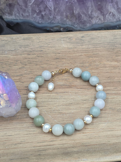14k Gold-Filled Burma Jade and Freshwater Pearl Gemstone Bracelet