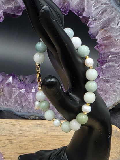 14k Gold-Filled Burma Jade and Freshwater Pearl Gemstone Bracelet