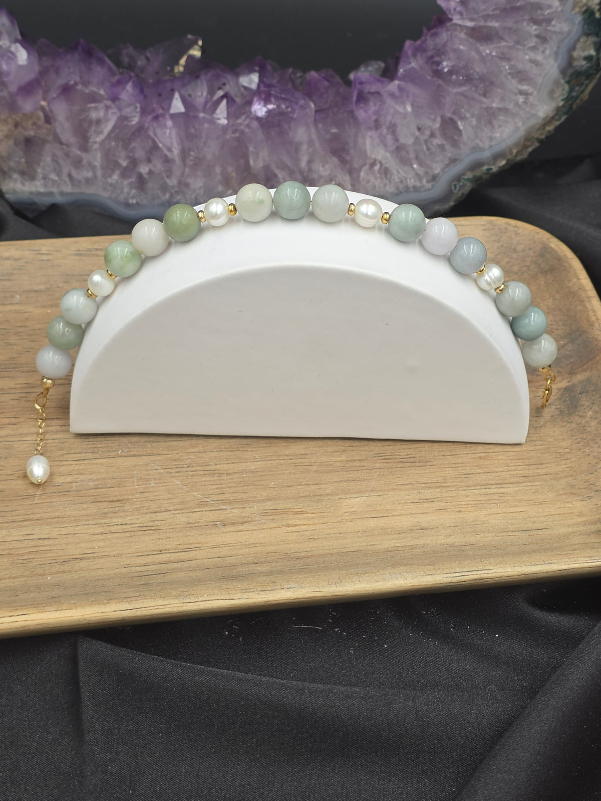 14k Gold-Filled Burma Jade and Freshwater Pearl Gemstone Bracelet