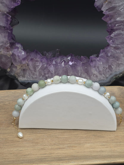14k Gold-Filled Burma Jade and Freshwater Pearl Gemstone Bracelet