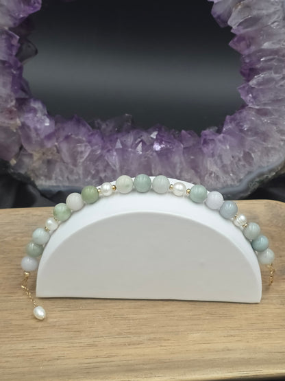 14k Gold-Filled Burma Jade and Freshwater Pearl Gemstone Bracelet