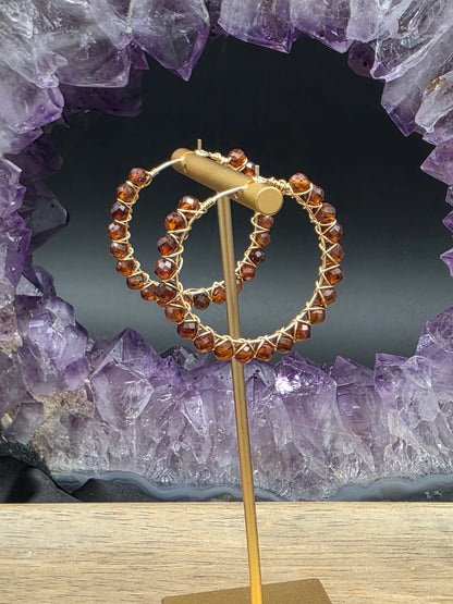 14k Gold-Filled Hessonite Garnet Gemstone Hoop Earrings