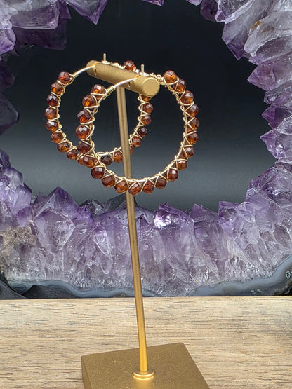 14k Gold-Filled Hessonite Garnet Gemstone Hoop Earrings