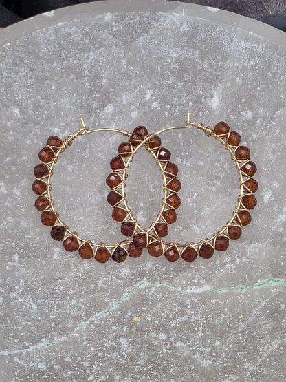 14k Gold-Filled Hessonite Garnet Gemstone Hoop Earrings