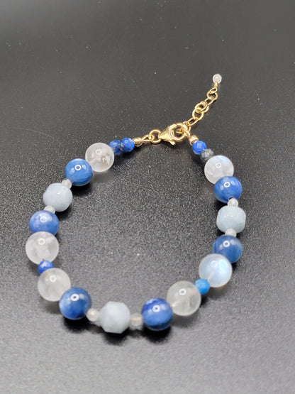 14k Gold-Filled Kyanite, Angelite & blue flash moonstone Adjustable Gemstone Bracelet