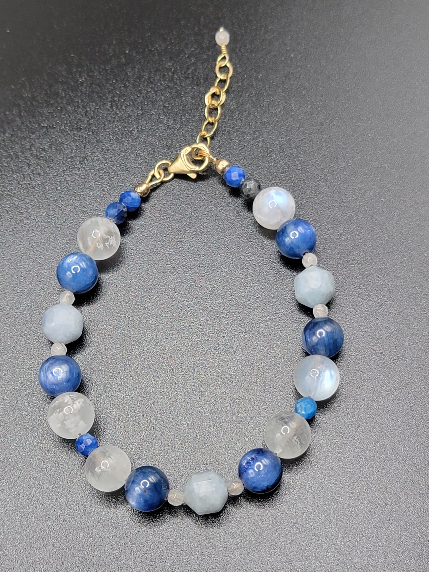 14k Gold-Filled Kyanite, Angelite & blue flash moonstone Adjustable Gemstone Bracelet