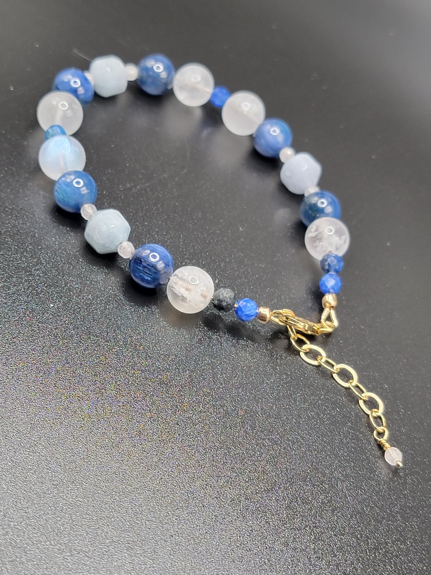 14k Gold-Filled Kyanite, Angelite & blue flash moonstone Adjustable Gemstone Bracelet