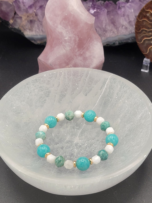 Peruvian Amazonite, white Moonstone & 18k Gold filled beaded stretch cord bracelet