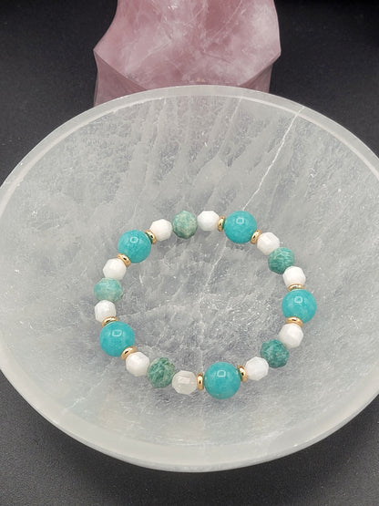 Peruvian Amazonite, white Moonstone & 18k Gold filled beaded stretch cord bracelet