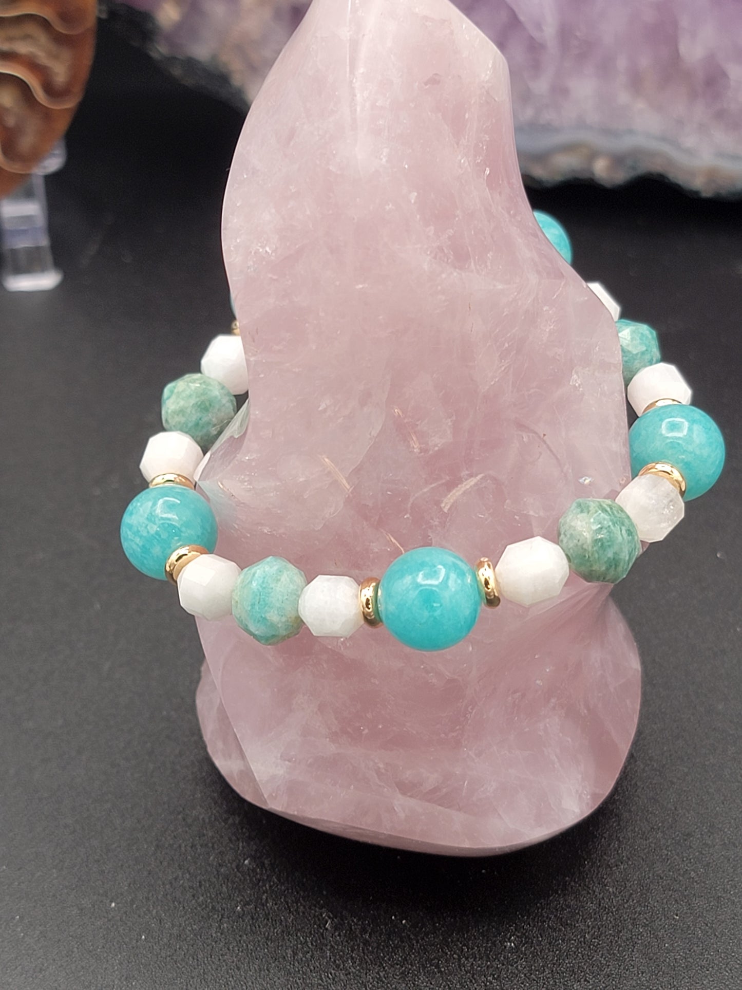 Peruvian Amazonite, white Moonstone & 18k Gold filled beaded stretch cord bracelet