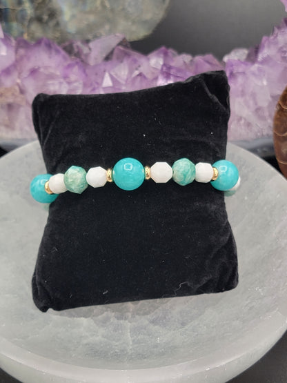 Peruvian Amazonite, white Moonstone & 18k Gold filled beaded stretch cord bracelet