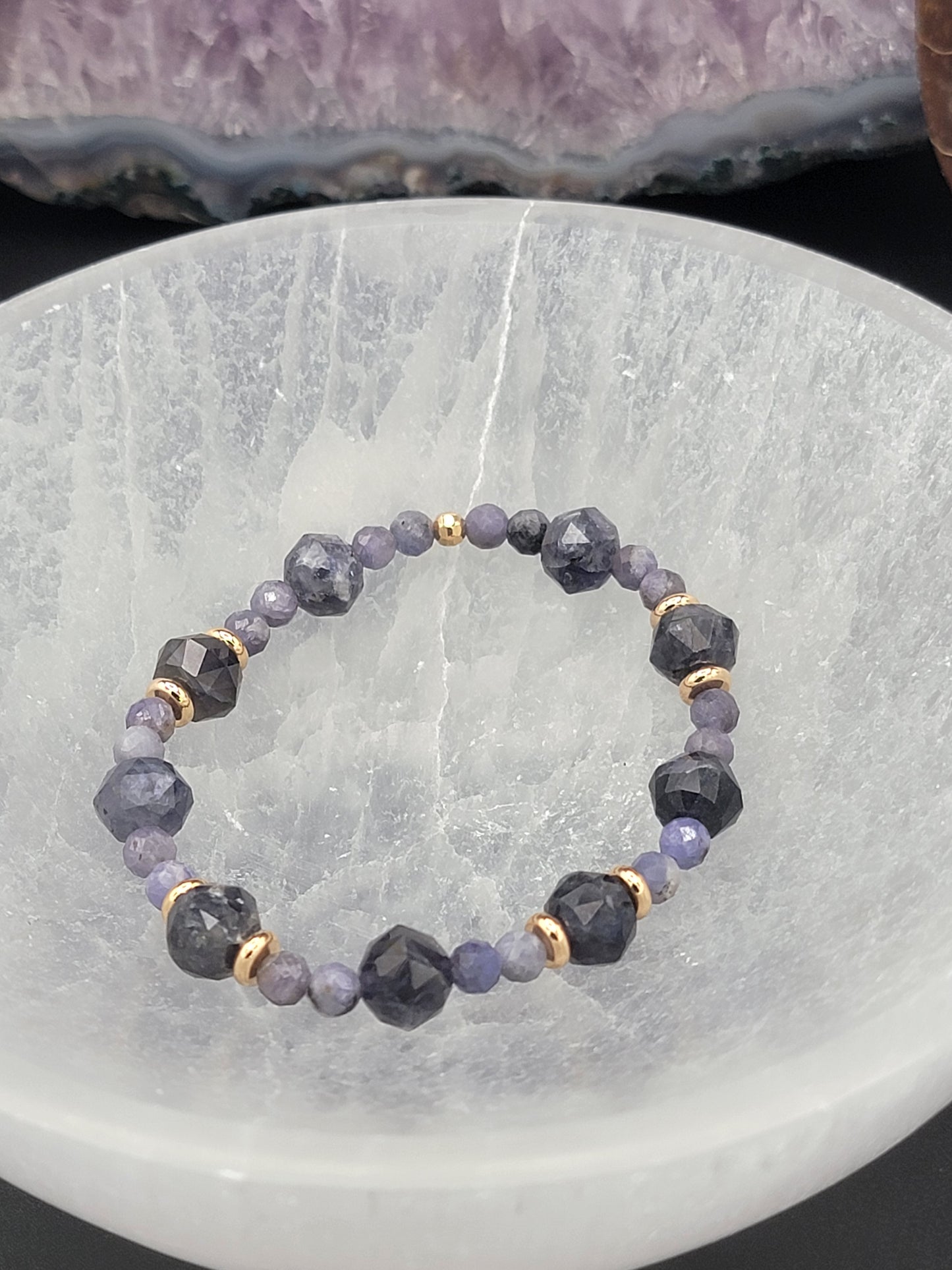 Iolite, Tanzanite and 18k gold filled stretch cord bracelet