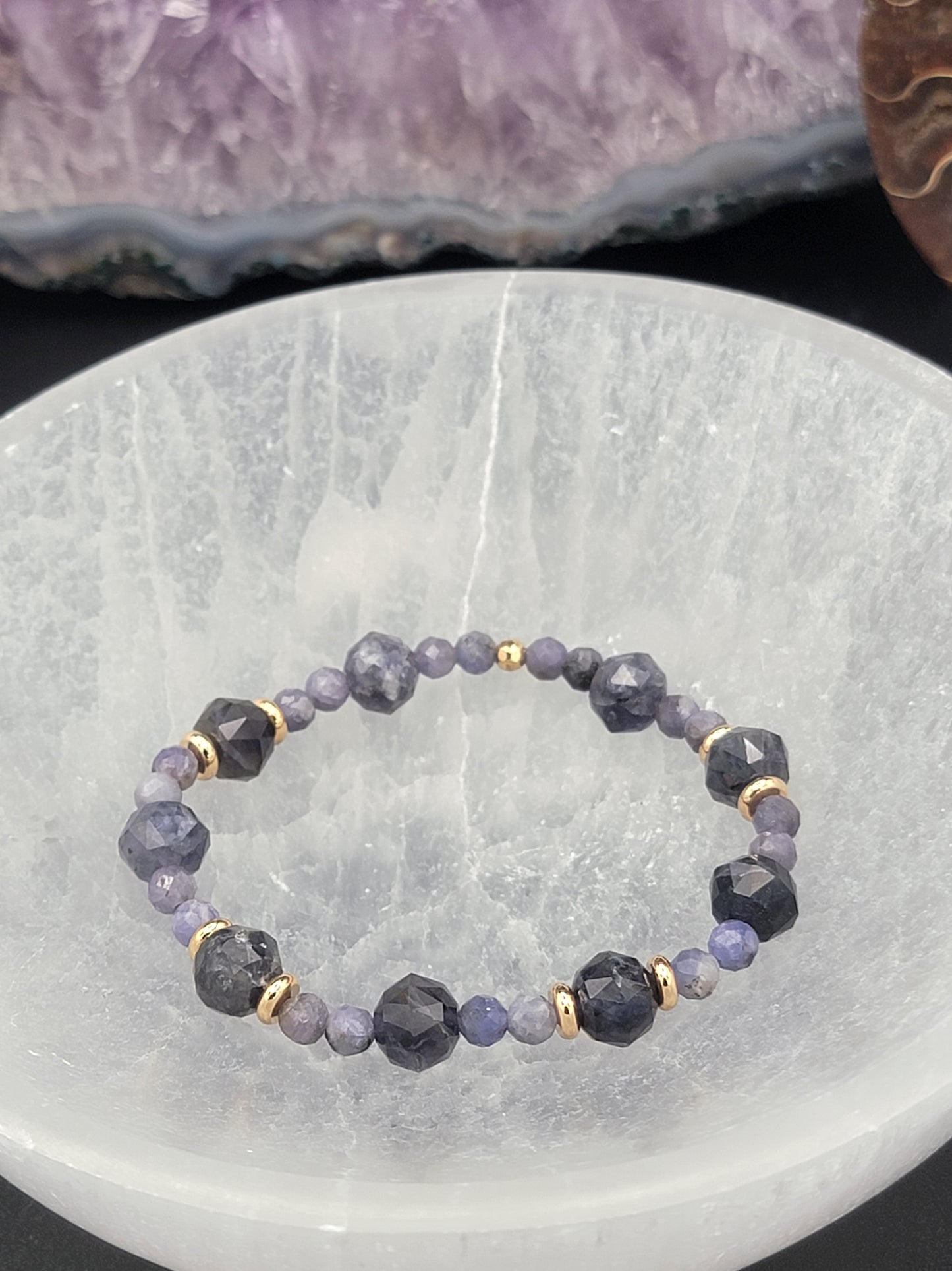 Iolite, Tanzanite and 18k gold filled stretch cord bracelet