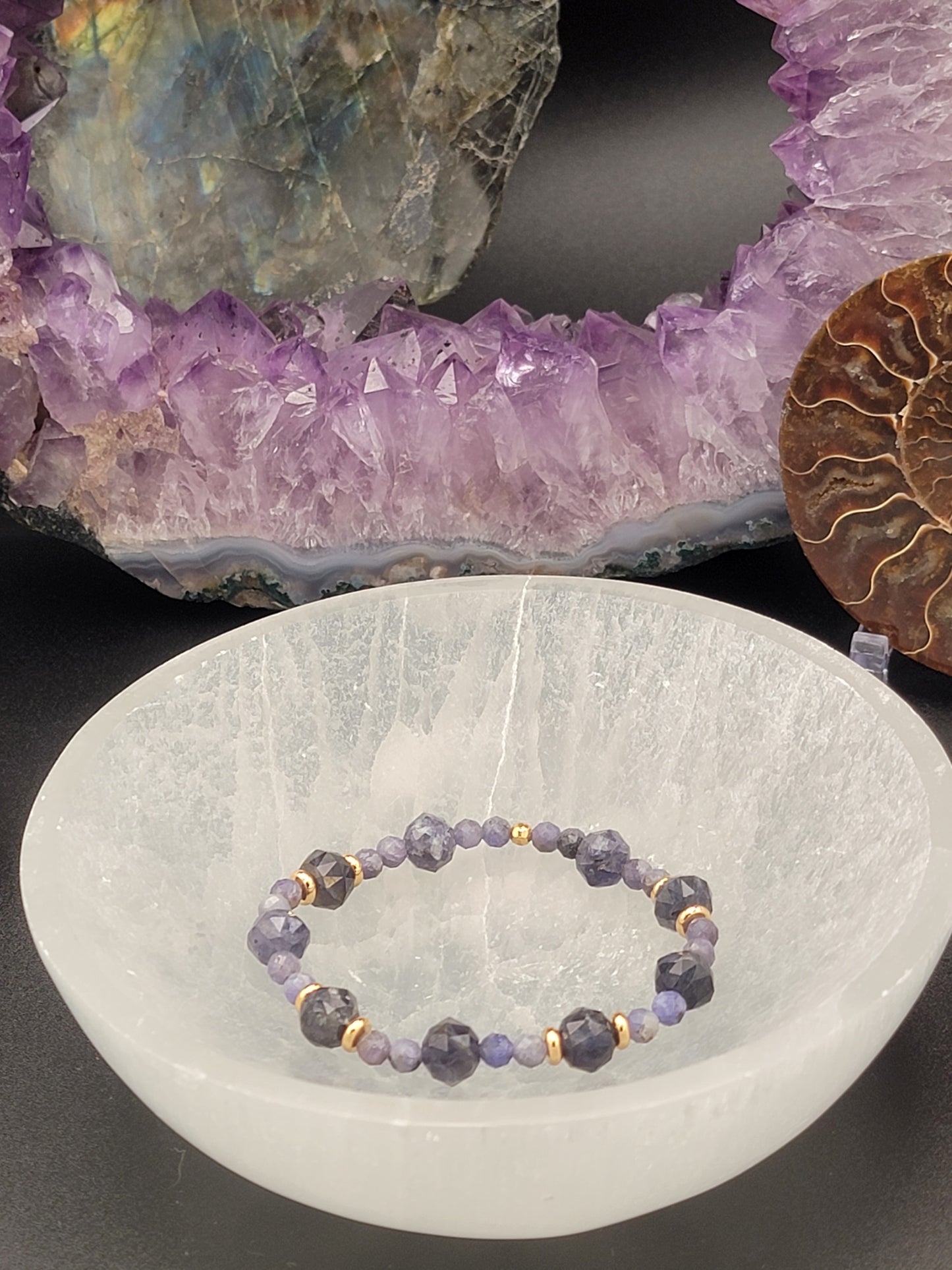 Iolite, Tanzanite and 18k gold filled stretch cord bracelet