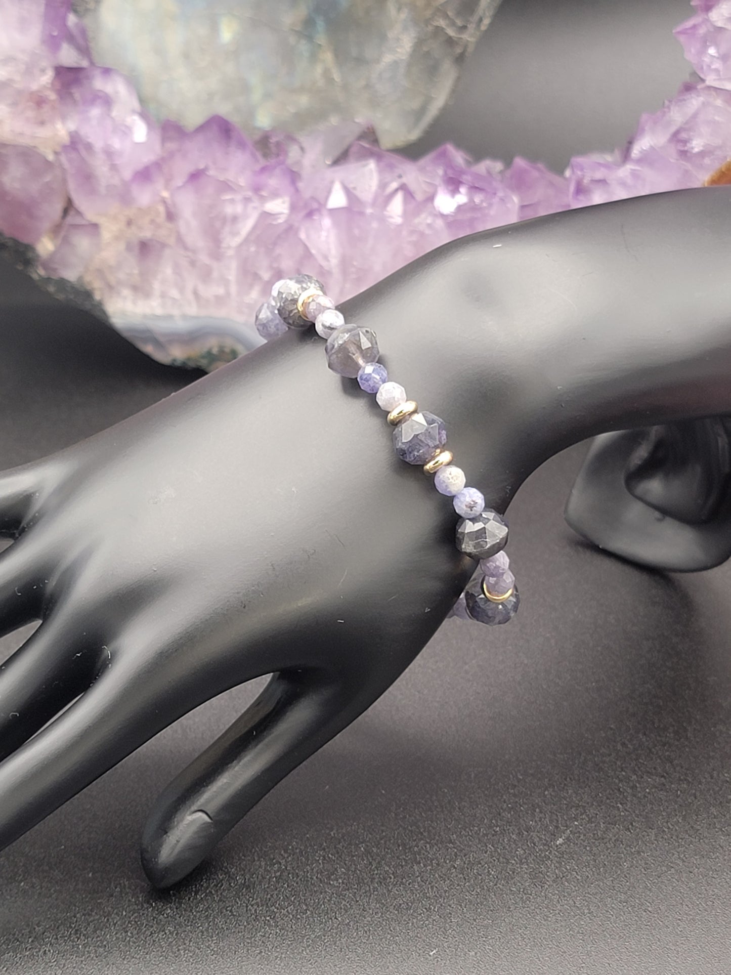 Iolite, Tanzanite and 18k gold filled stretch cord bracelet