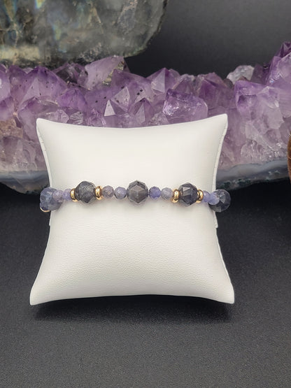 Iolite, Tanzanite and 18k gold filled stretch cord bracelet