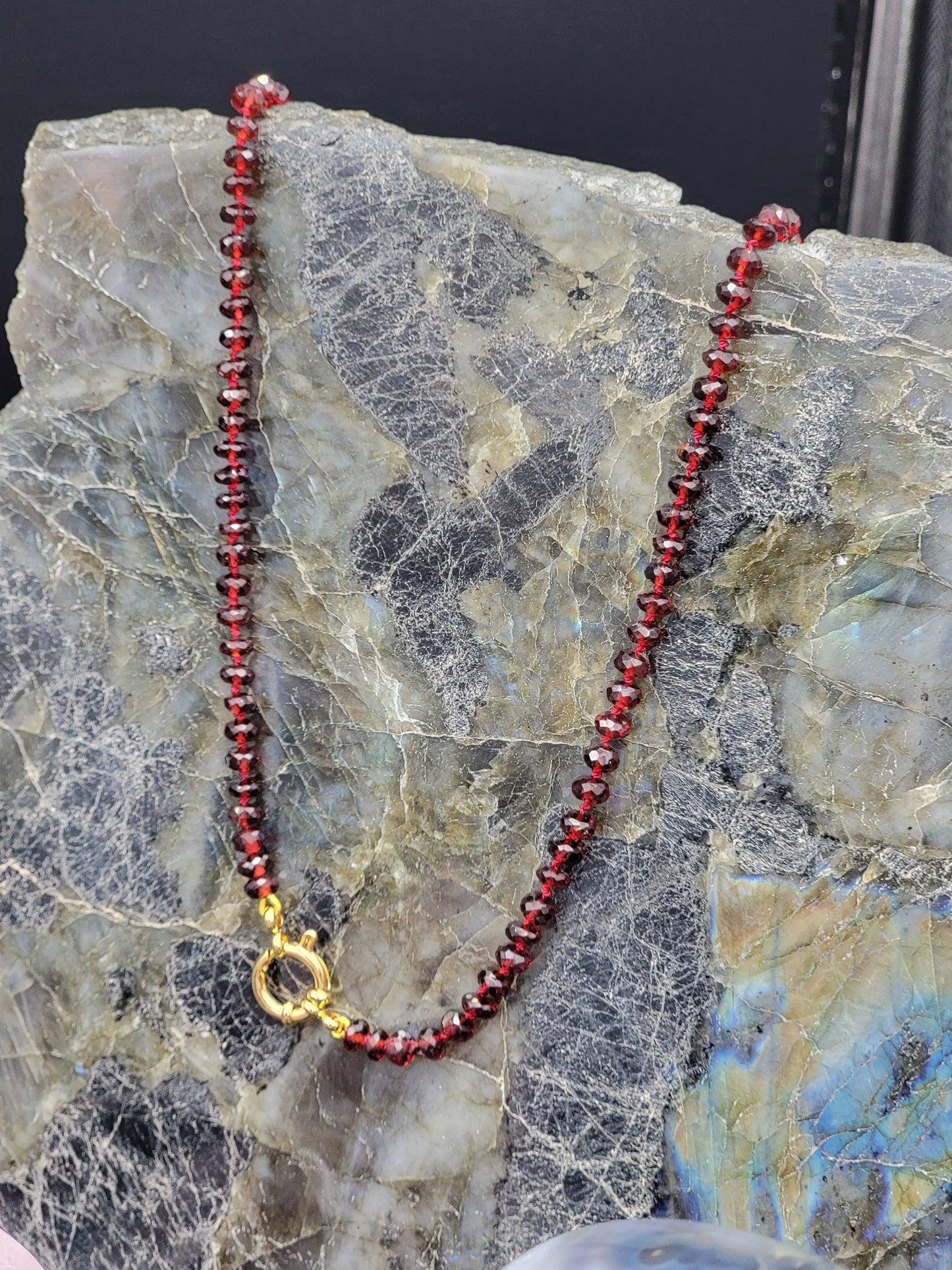 Hand-knotted silk Mozambique Garnet necklace with 24k gold filled clasp.