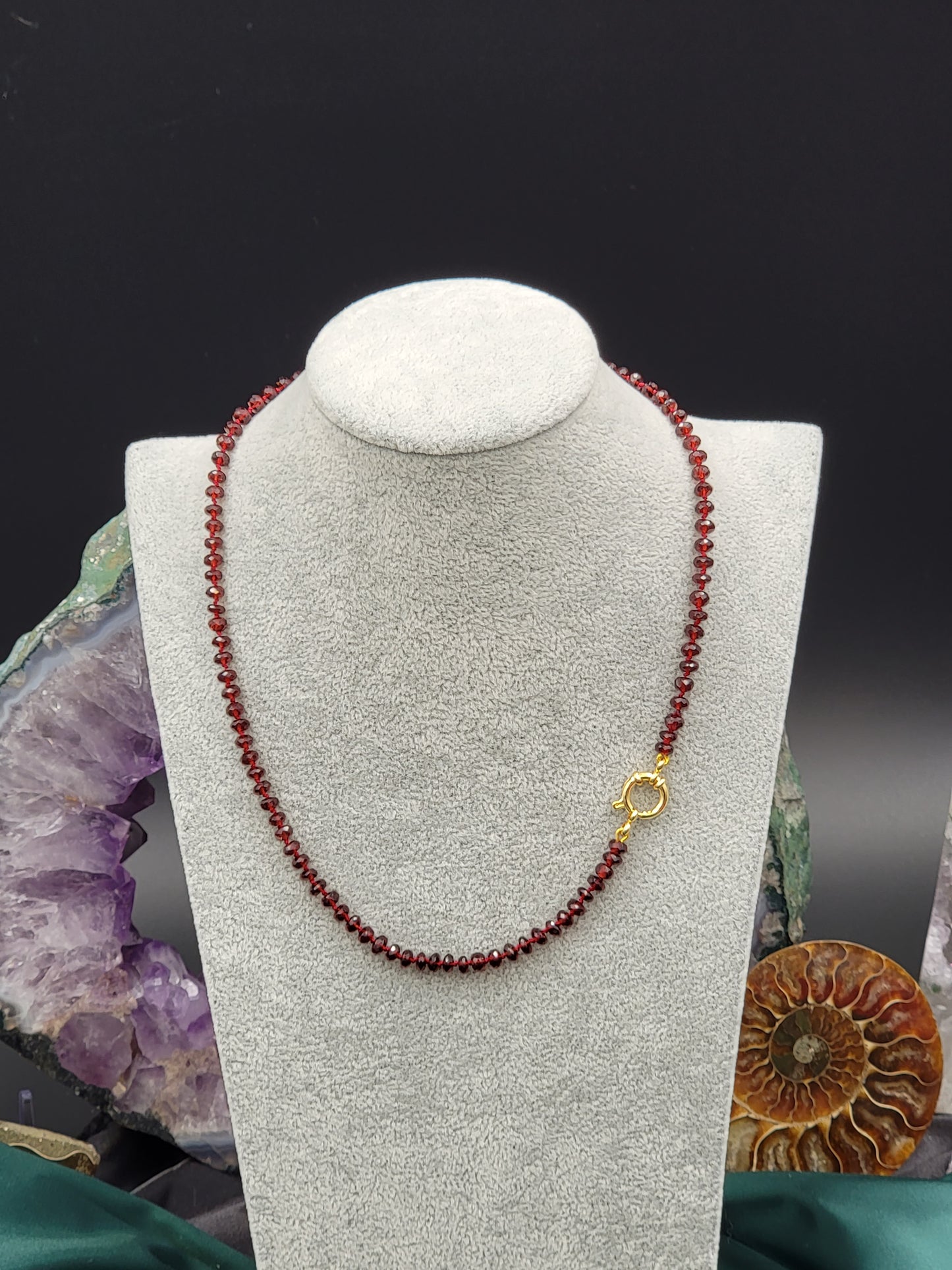 Hand-knotted silk Mozambique Garnet necklace with 24k gold filled clasp.