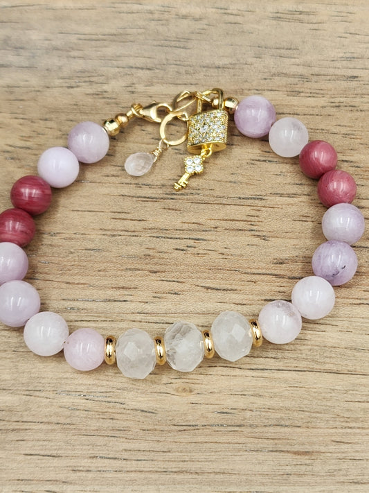 14k Gold-Filled Rose Quartz, Morganite, Kunzite & Rhodochrosite Gemstone3 Bracelet with CZ Lock Charm