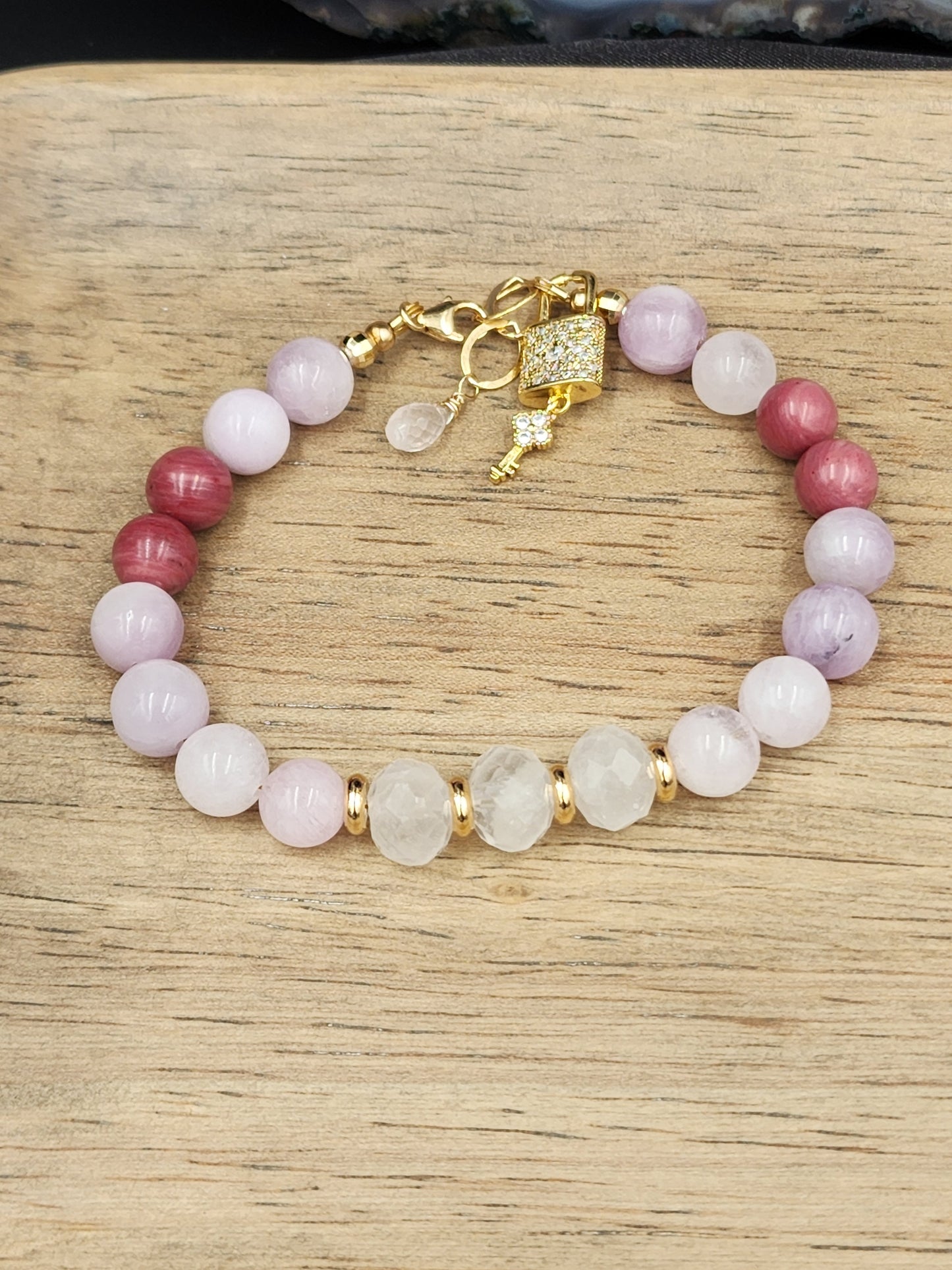 14k Gold-Filled Rose Quartz, Morganite, Kunzite & Rhodochrosite Gemstone3 Bracelet with CZ Lock Charm