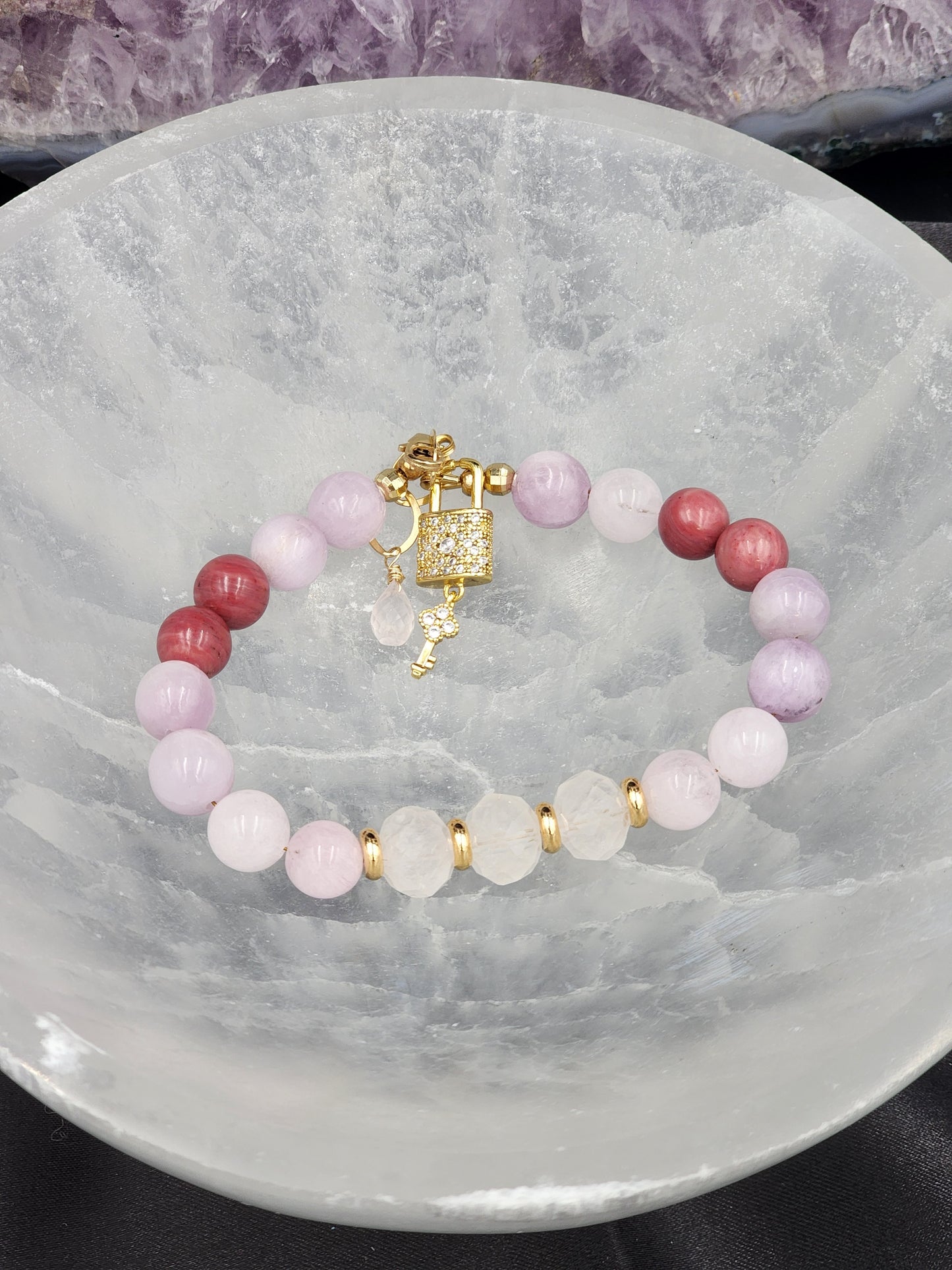 14k Gold-Filled Rose Quartz, Morganite, Kunzite & Rhodochrosite Gemstone3 Bracelet with CZ Lock Charm