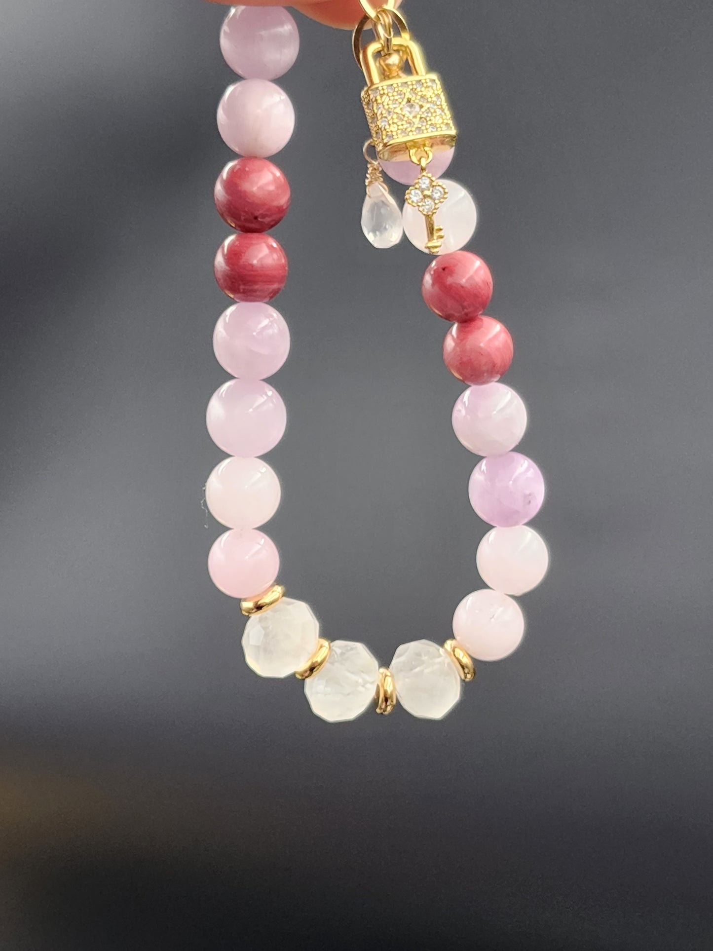 14k Gold-Filled Rose Quartz, Morganite, Kunzite & Rhodochrosite Gemstone3 Bracelet with CZ Lock Charm