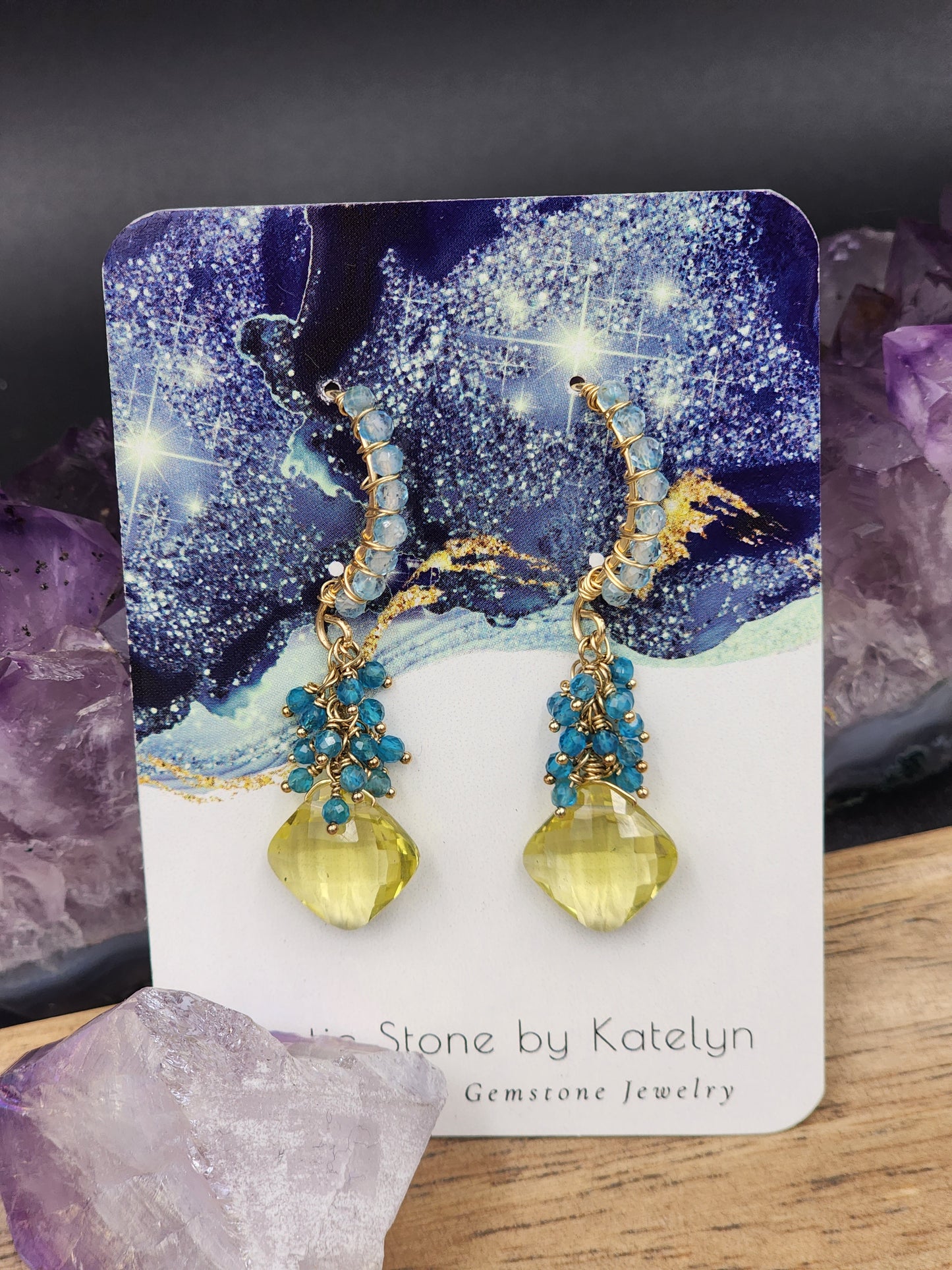 14k Gold-Filled Lemon quartz, neon blue apatite and blue topaz earrings