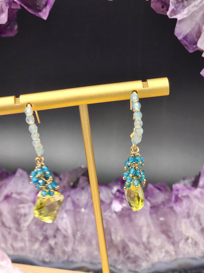 14k Gold-Filled Lemon quartz, neon blue apatite and blue topaz earrings