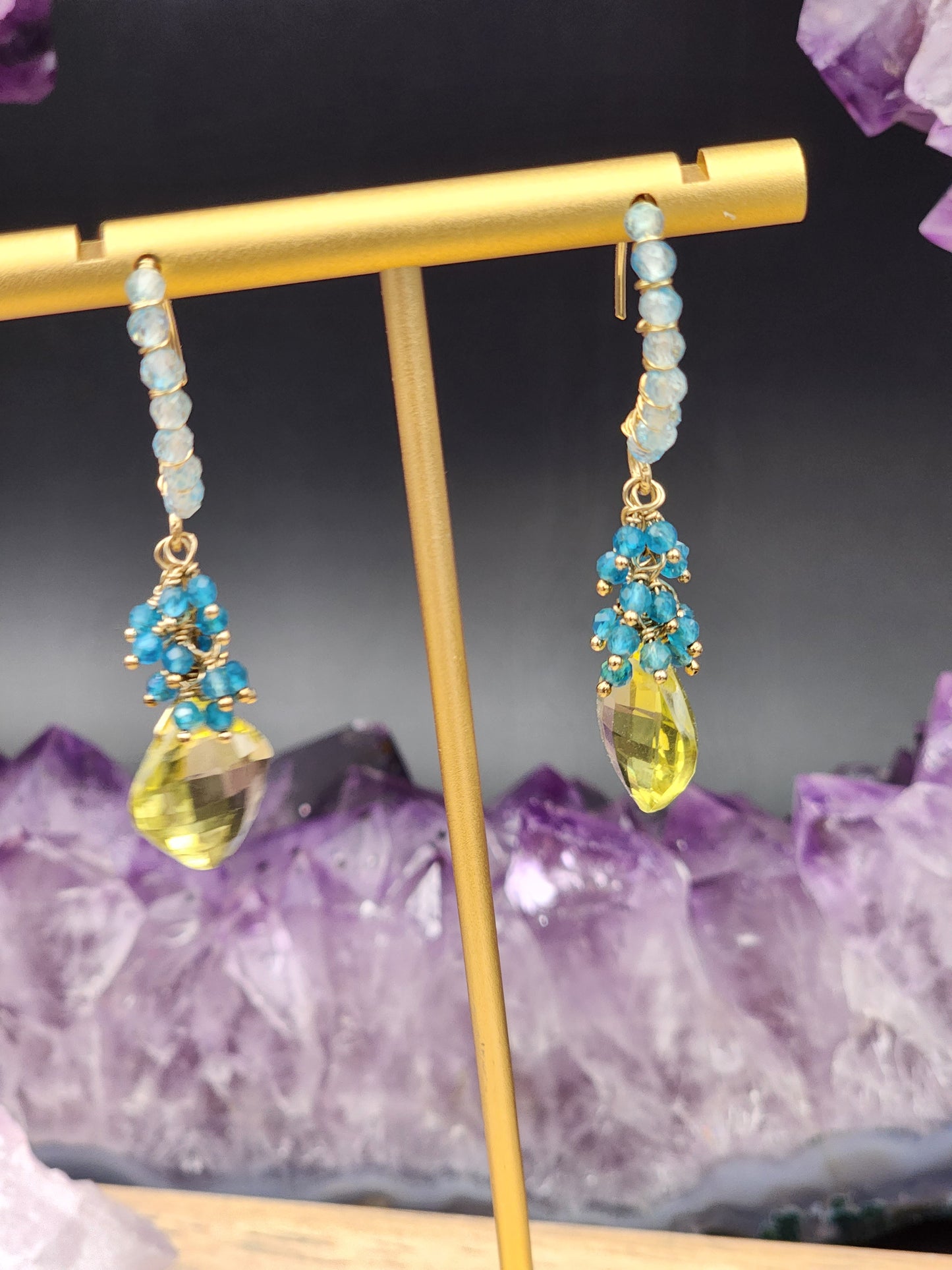 14k Gold-Filled Lemon quartz, neon blue apatite and blue topaz earrings