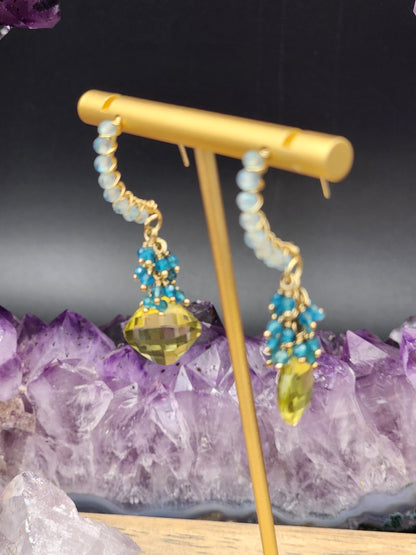 14k Gold-Filled Lemon quartz, neon blue apatite and blue topaz earrings