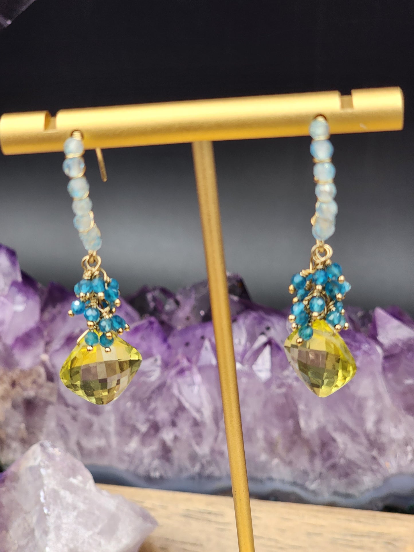 14k Gold-Filled Lemon quartz, neon blue apatite and blue topaz earrings